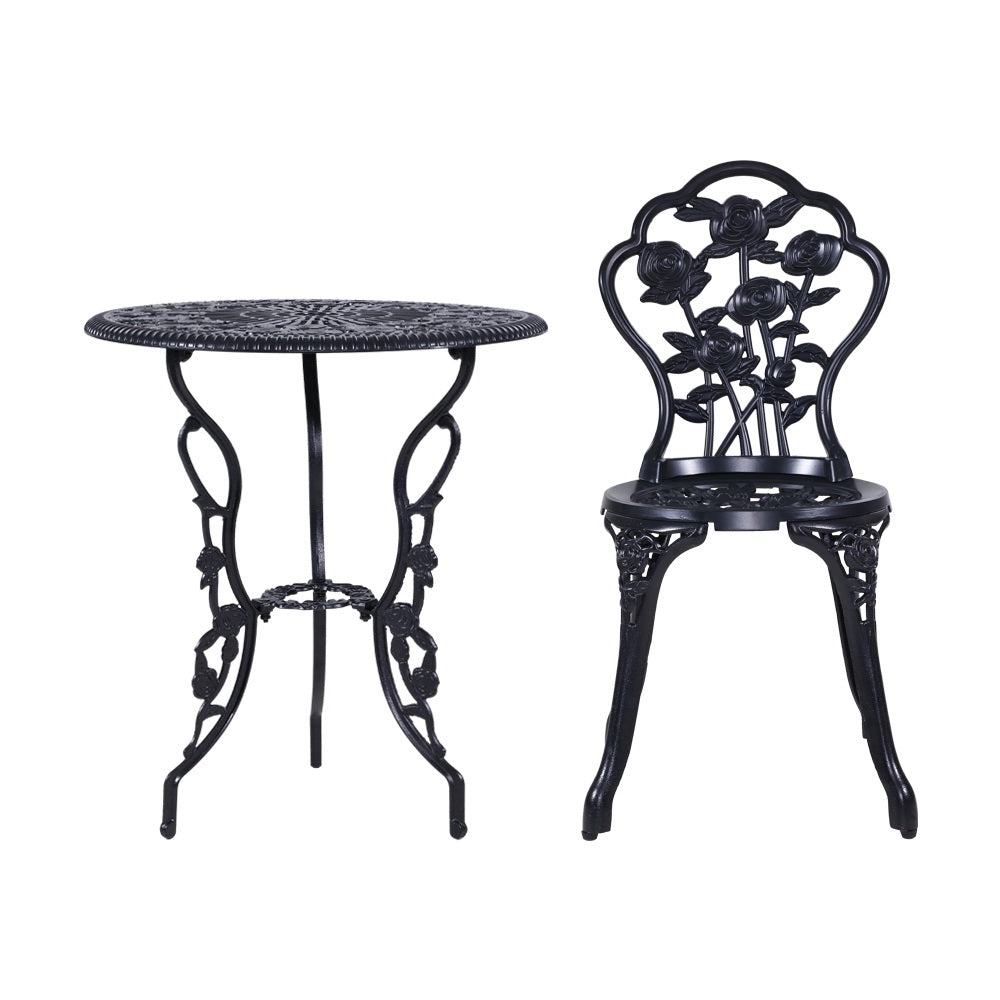 Gardeon 3PC Outdoor Setting Cast Aluminium Bistro Table Chair Patio Black