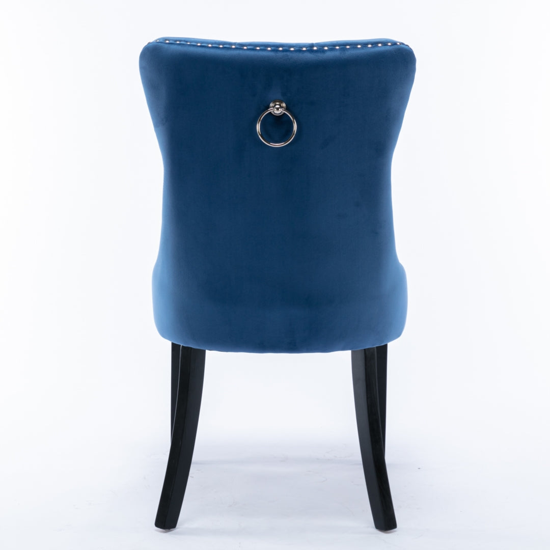 2x Velvet Dining Chairs Upholstered Tufted Kithcen Chair with Solid Wood Legs Stud Trim and Ring-Blue