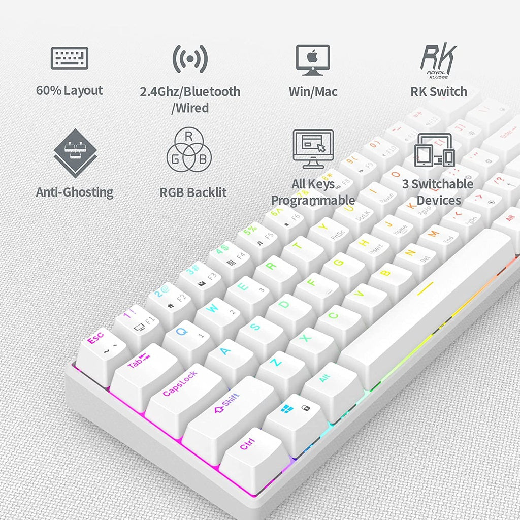 Royal Kludge RK61 Tri Mode RGB Hot Swappable Mechanical Keyboard White (Brown Switch)