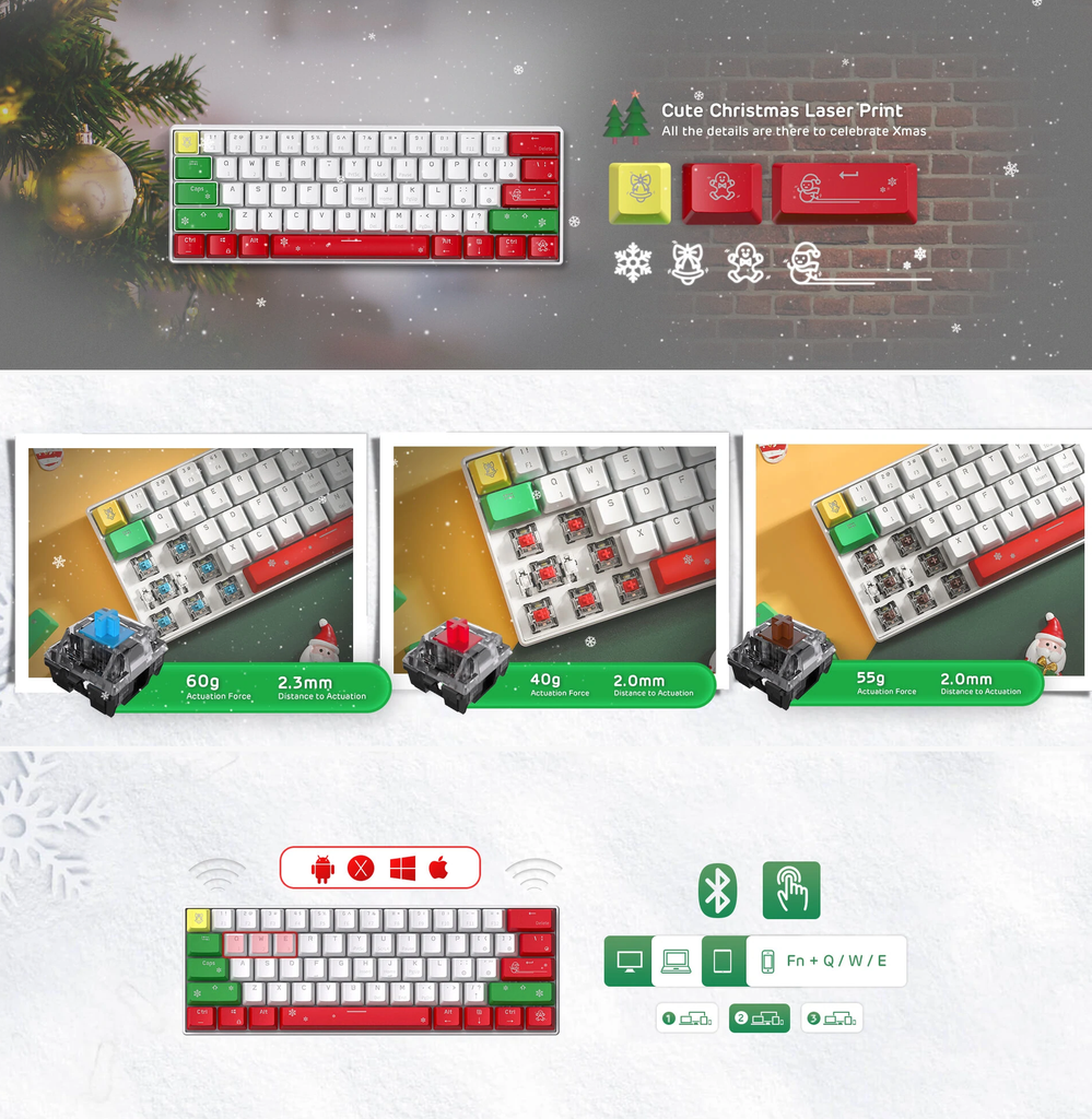 Royal Kludge RK61 Christmas Tri Mode Hot Swappable RGB Mechanical Keyboard (Red Switch)