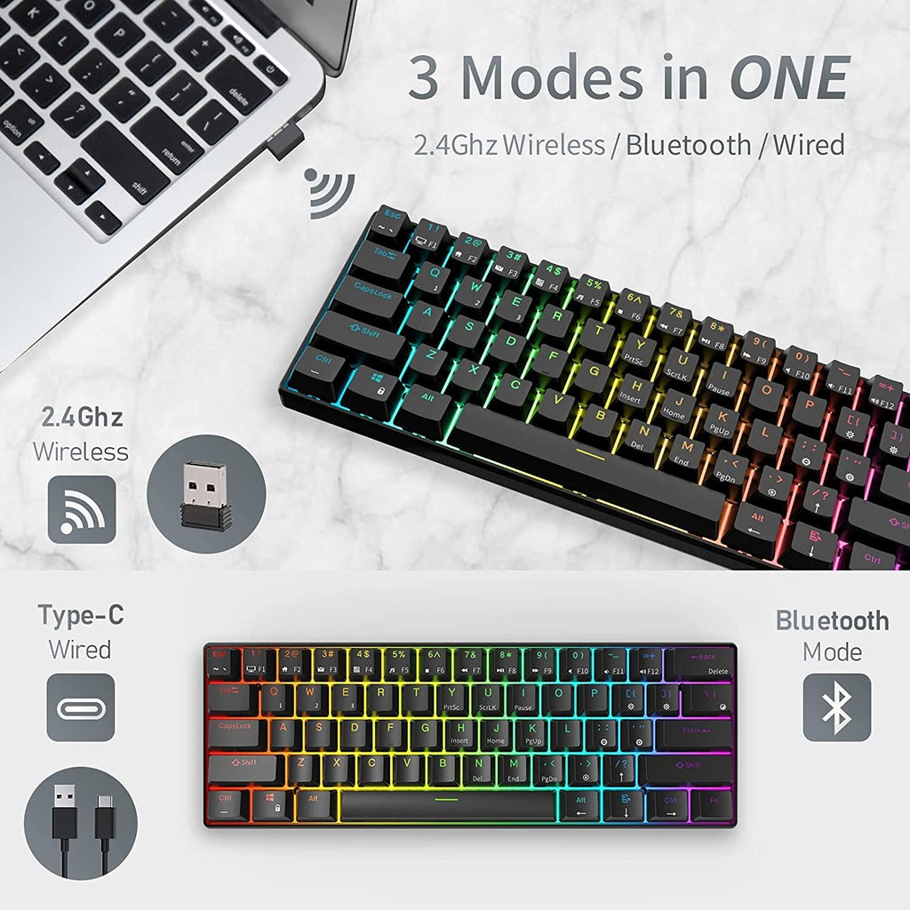 Royal Kludge RK61 Tri Mode RGB Hot Swappable Mechanical Keyboard Black (Red Switch)