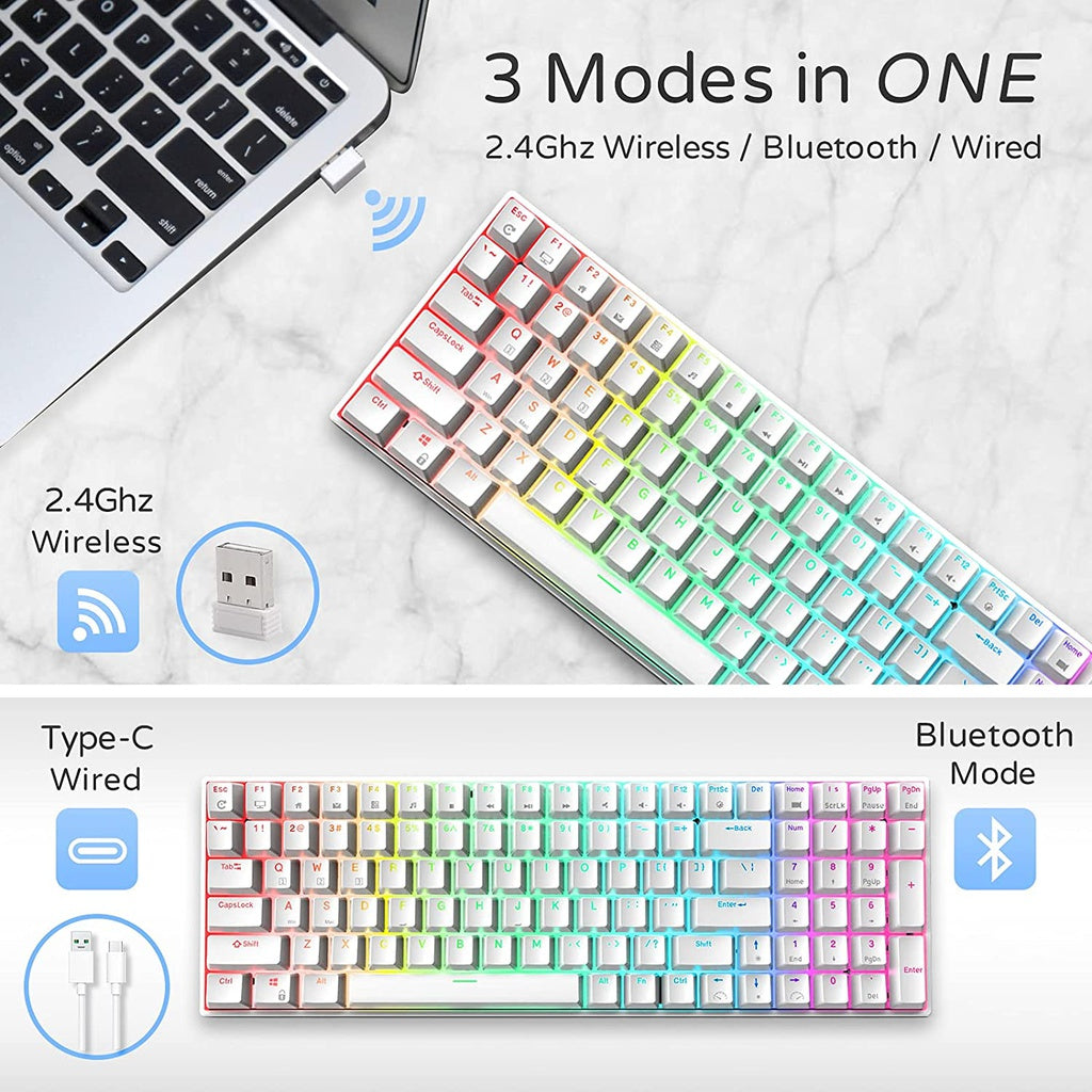 Royal Kludge RK100 Tri Mode Bluetooth RGB Hot Swappable Mechanical Keyboard White (Blue Switch)