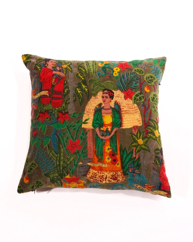 Linen Connections Frida Kahlo Velvet Cushion Cover Frida's Garden Cushion Handmade Mexico Muertes Decorative Cushion 100% cotton velvet