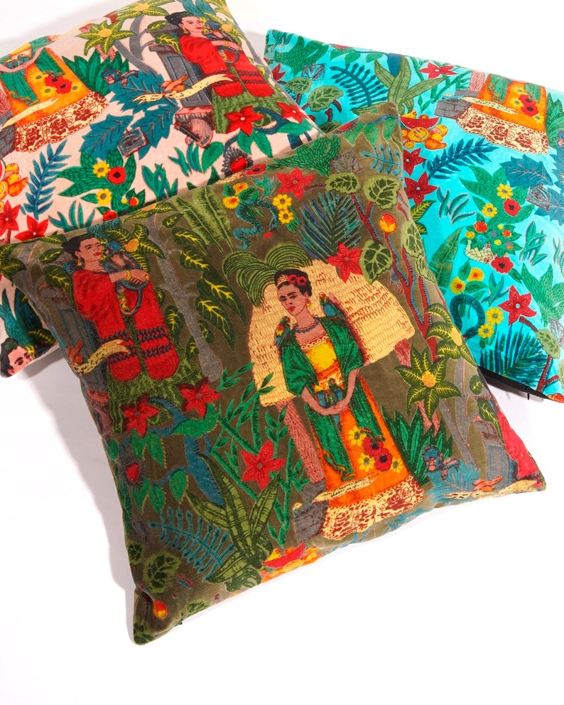 Linen Connections Frida Kahlo Velvet Cushion Cover Frida's Garden Cushion Handmade Mexico Muertes Decorative Cushion 100% cotton velvet