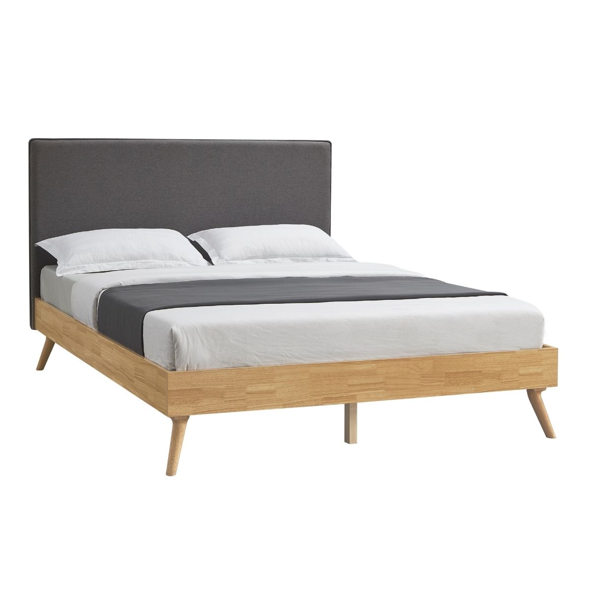 Natural Oak Ensemble Bed Frame Wooden Slat Fabric Headboard King