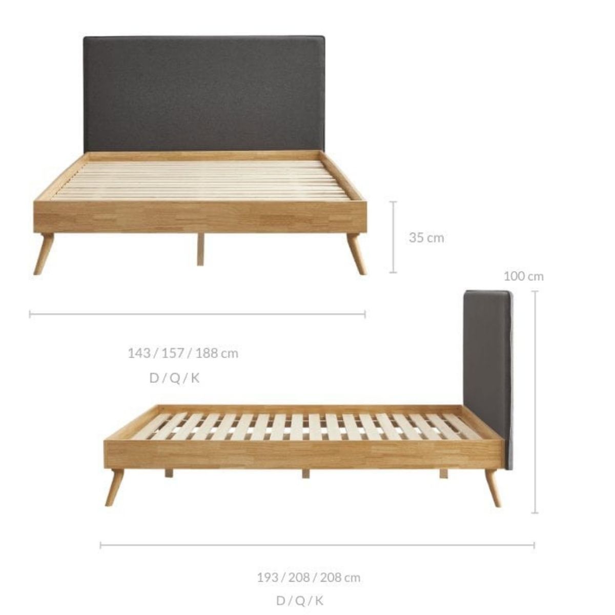 Natural Oak Ensemble Bed Frame Wooden Slat Fabric Headboard King